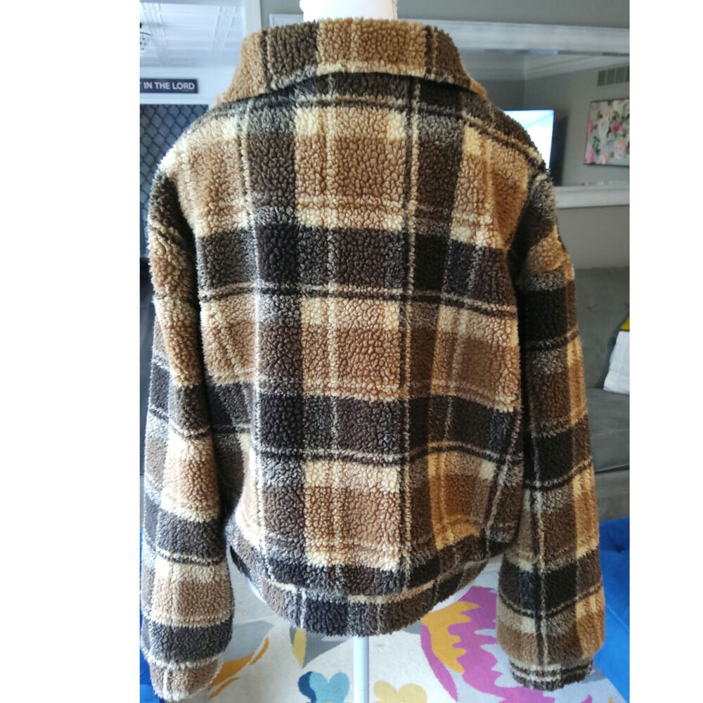 Romwe Lumberjane Cropped plaid Teddy sweater jacket zip brown 100% cotton - Picture 2 of 10